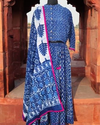 Blockprinted Stitched Cotton Dark Blue Lehanga Choli Set-34