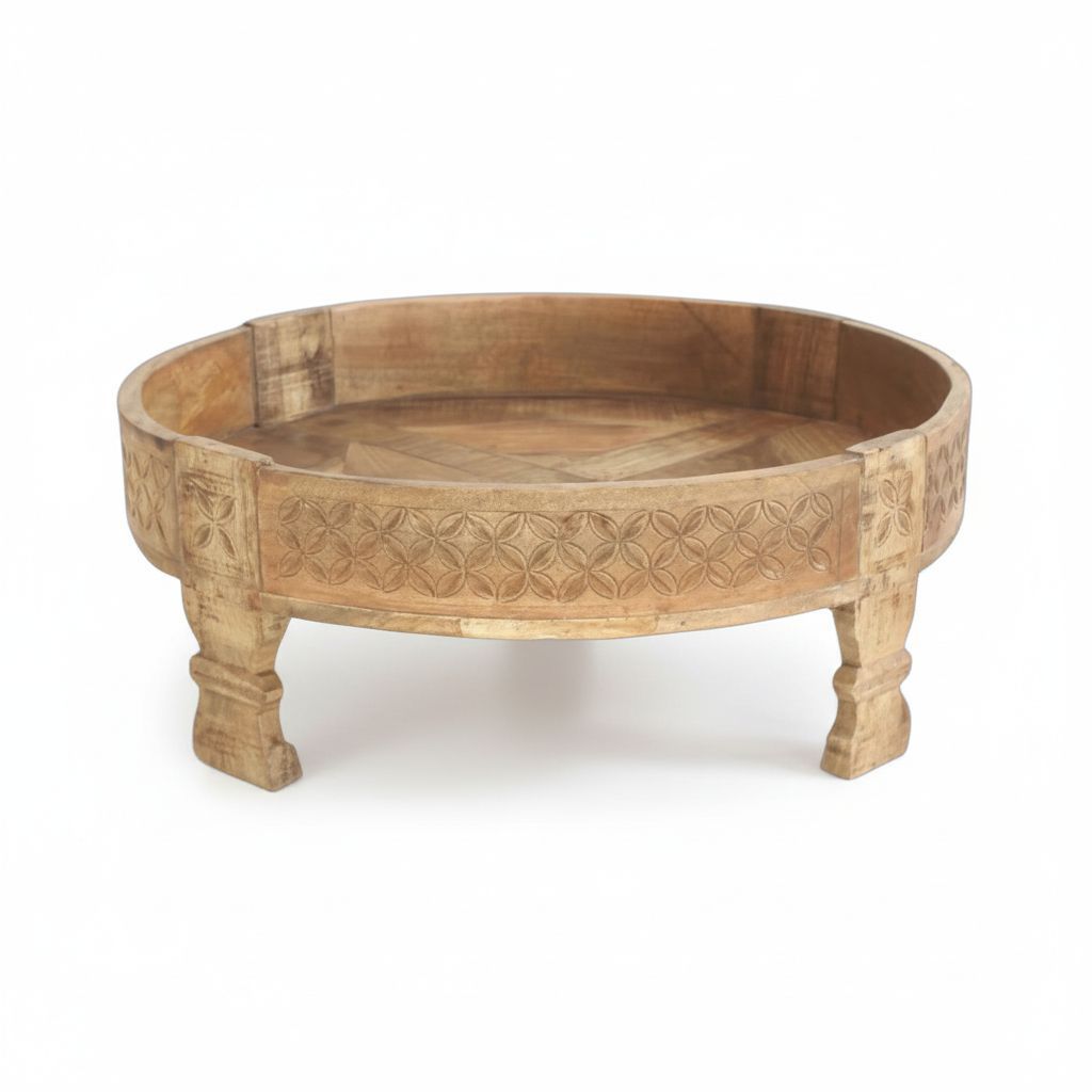 Attractive Wooden Round Coffee Table with Storage | Carved Chakki Table for Home Decor