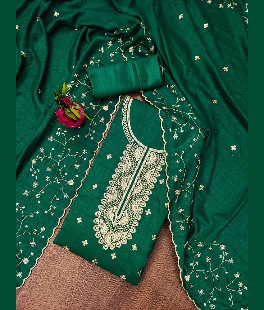 Rangtulika Ethnics Unstitched Cotton Blend Embroidered Dress Material - Green ( Pack of 1 )