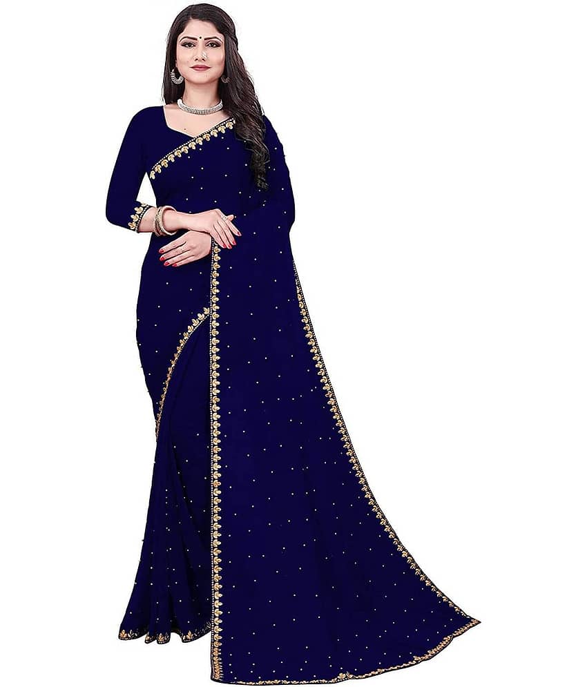 Vkaran Lycra Solid Regular Saree With Unstitched Blouse Piece ( Blue )