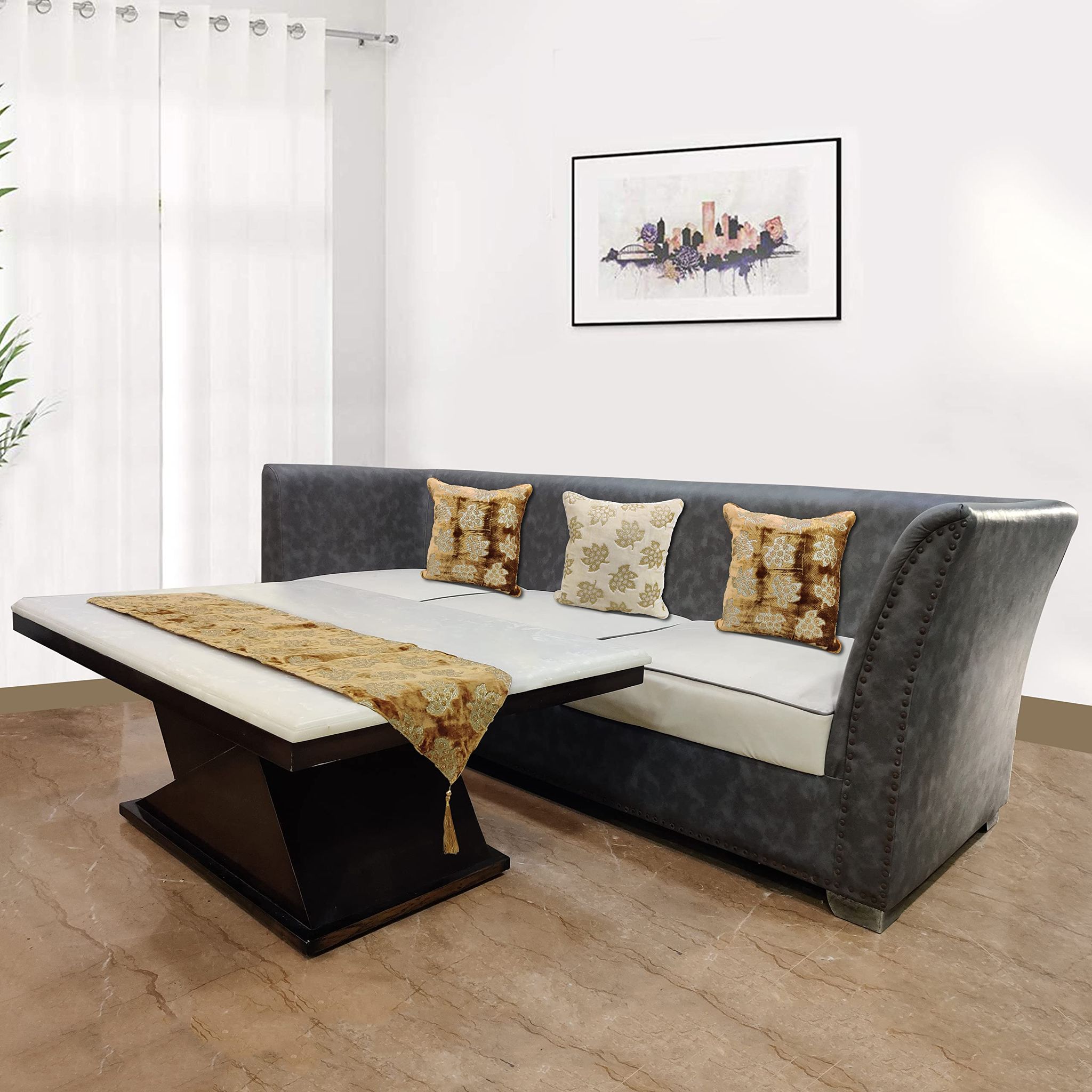 Velvet Table Runner (12inch x 59 inch) with Set of 3 Sofa Cushion Covers (12inch x12 inch), I Ivory I Home Dining, Tea, Foyer Tables, Dresser Scarves, Daily UseI Brown Ivory I