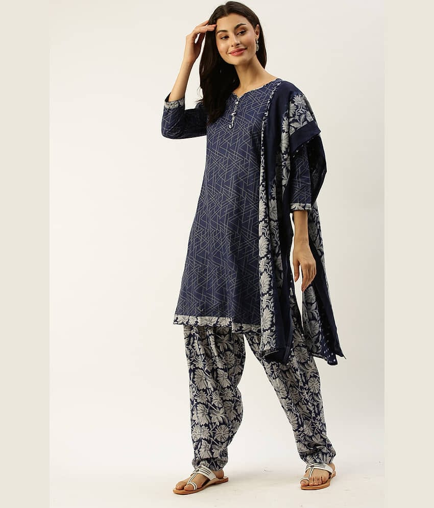 Rajnandini - Unstitched Blue Cotton Blend Dress Material ( Pack of 1 )