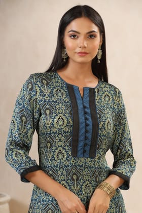 Aafrah Arushi Ajrakh Modal Silk Kurta And Dupion Silk Pant Set-S / Navy Blue/ Green / Navy