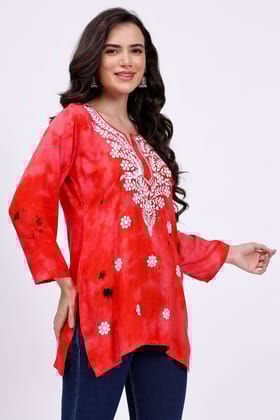 The Chikankari Story Embroidered Rayon Tie-Dyed Chikankari Red short Kurti with 3D Embroidery.-S
