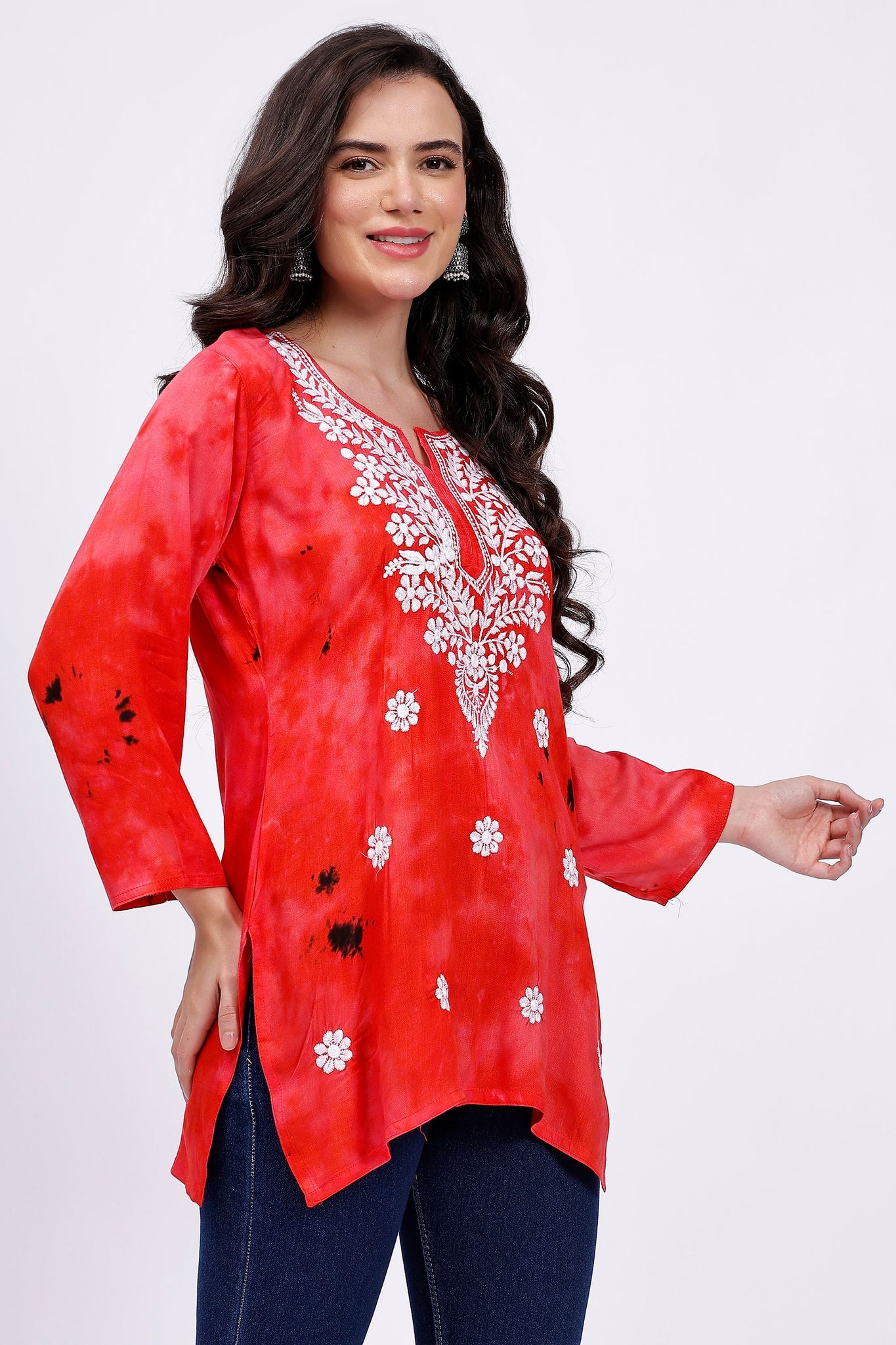 The Chikankari Story Embroidered Rayon Tie-Dyed Chikankari Red short Kurti with 3D Embroidery.-S