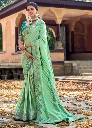 Indian Green Woven Banarasi Designer Silk Saree With Embroidered Blouse