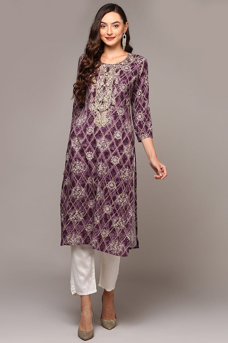 Plus Size Purple Viscose Rayon Ethnic Motifs Straight Kurta VCK9512