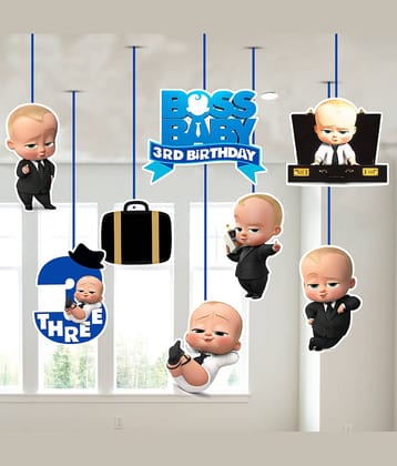 Zyozi Boss Baby Third Birthday Ceiling Hanging Streamers Kids Theme for Baby Shower 3rd Birthday Decorations Supplies (Pack of 8)