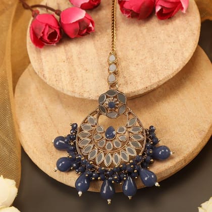 Gold-Plated  Blue Mirror Beaded Maangtikka
