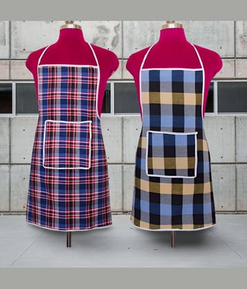 CreadCraft Cotton Checks Kitchen Apron with 1 Center Pocket ( Pack of 2 )