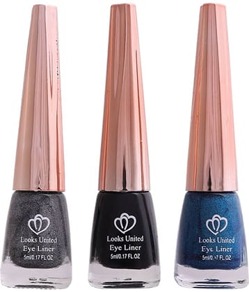 Looks United Metallic Long Lasting Intense Single Stroke Fashion Eyeliner (Metallic Charcoal, Coal Black, Looks United Metallic Blue Orchid)Pack Of 3