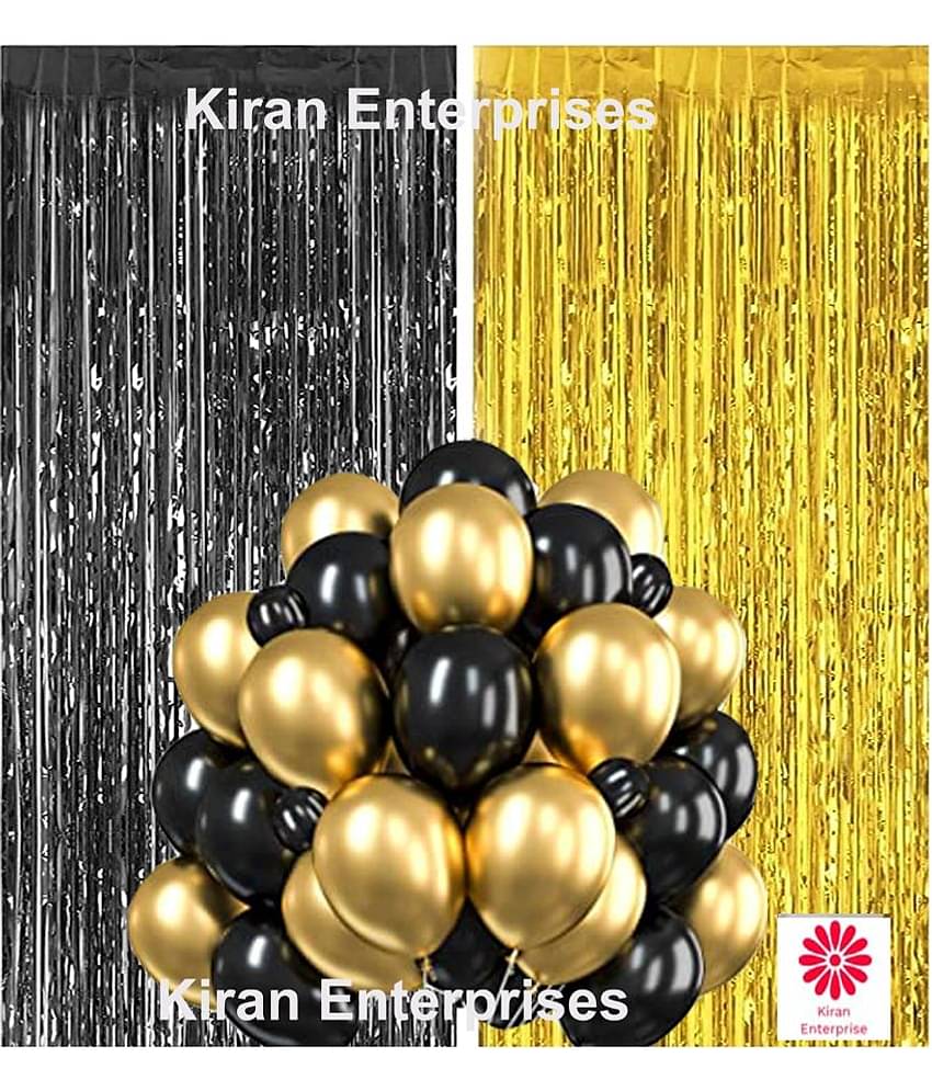 Kiran Enterprises 2 pc. Foil Fringe Curtain ( Gold )+ 30 Metallic Balloon ( Gold, Silver )