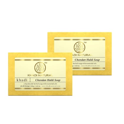 Khadi Natural Chandan Haldi Handmade Soap| Nourishing Herbal Soap with Sandalwood and Turmeric| Promotes Radiant Skin| Gentle Cleansing for All Skin Types | Pack of 2 (125 * 2, 250gm) Khadi Natural Chandan Haldi Handmade Soap| Nourishing Herbal Soap with