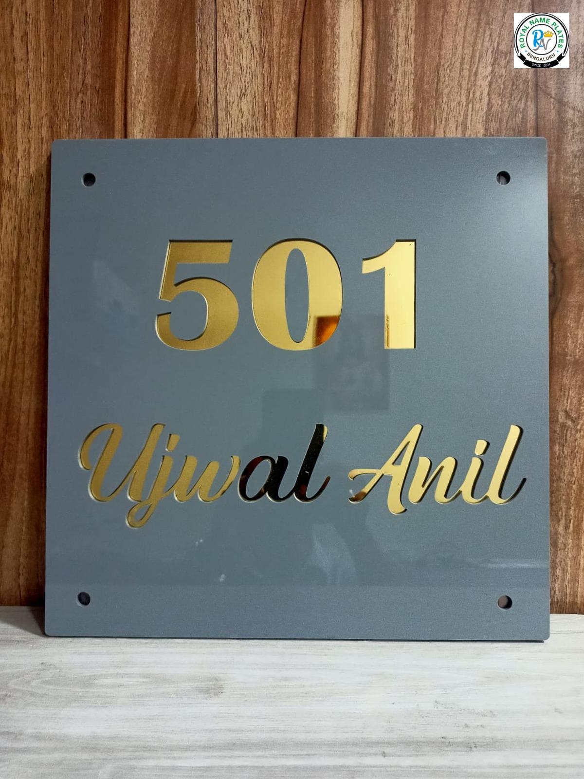 Acrylic House Name Plate with Grey Background and Golden Inside-Cut Text