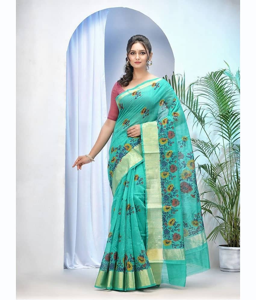 Desh Bidesh Cotton Silk Printed Saree With Unstitched Blouse Piece ( Turquoise )
