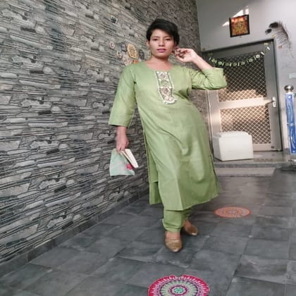 Sage Green Cotton-Silk Straight Kurta Set with Embroidered Neckline