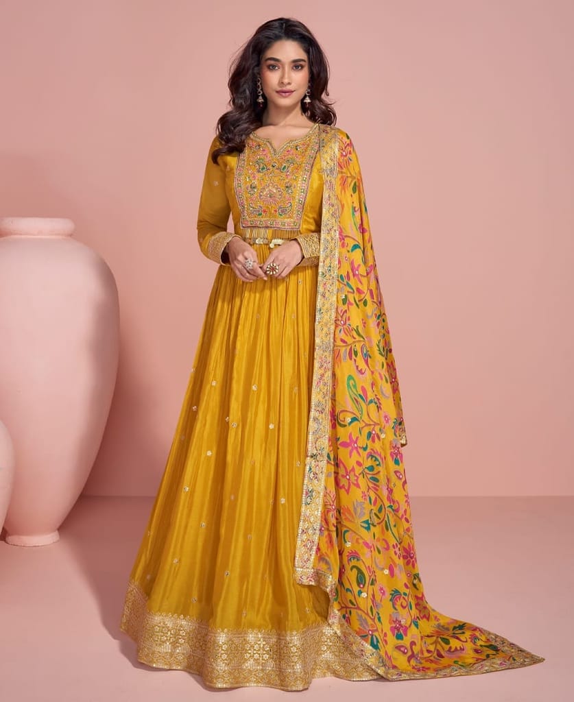 summer special yellow chinon anarkali set for women