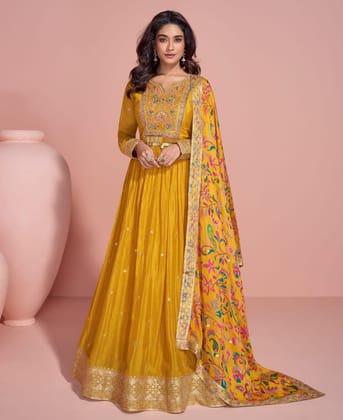 summer special yellow chinon anarkali set for women