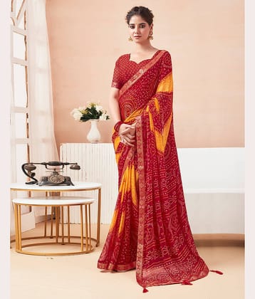 Satrani Chiffon Printed Saree With Unstitched Blouse Piece ( Red )