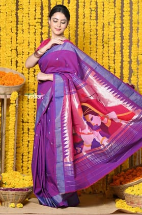 Rajsi~Handloom Pure Cotton Paithani With Radha Krishna Pallu~Dual Tone Purple
