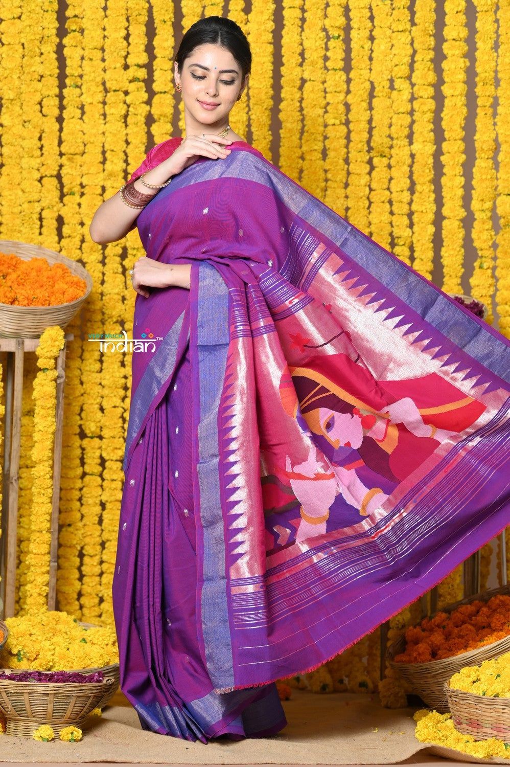 Rajsi~Handloom Pure Cotton Paithani With Radha Krishna Pallu~Dual Tone Purple