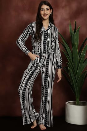 Black & White Abstract Printed Viscose Rayon Shirt With Pyjamas Night Suit-s