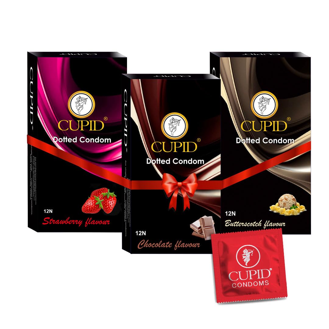 Cupid Dotted & Flavoured Condoms Chocolate, Strawberry & Butterscotch Flavour (Pack of 3) | Lubricated & Multitextured Condoms | For Her Enhanced Pleasure | Pack of 3, 12 Pcs Each