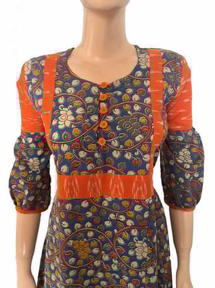 Kalamkari Cotton Round neck Paneled Kurta with Gathered sleeves & Ikat  Patches , Blue,  KK1077-S