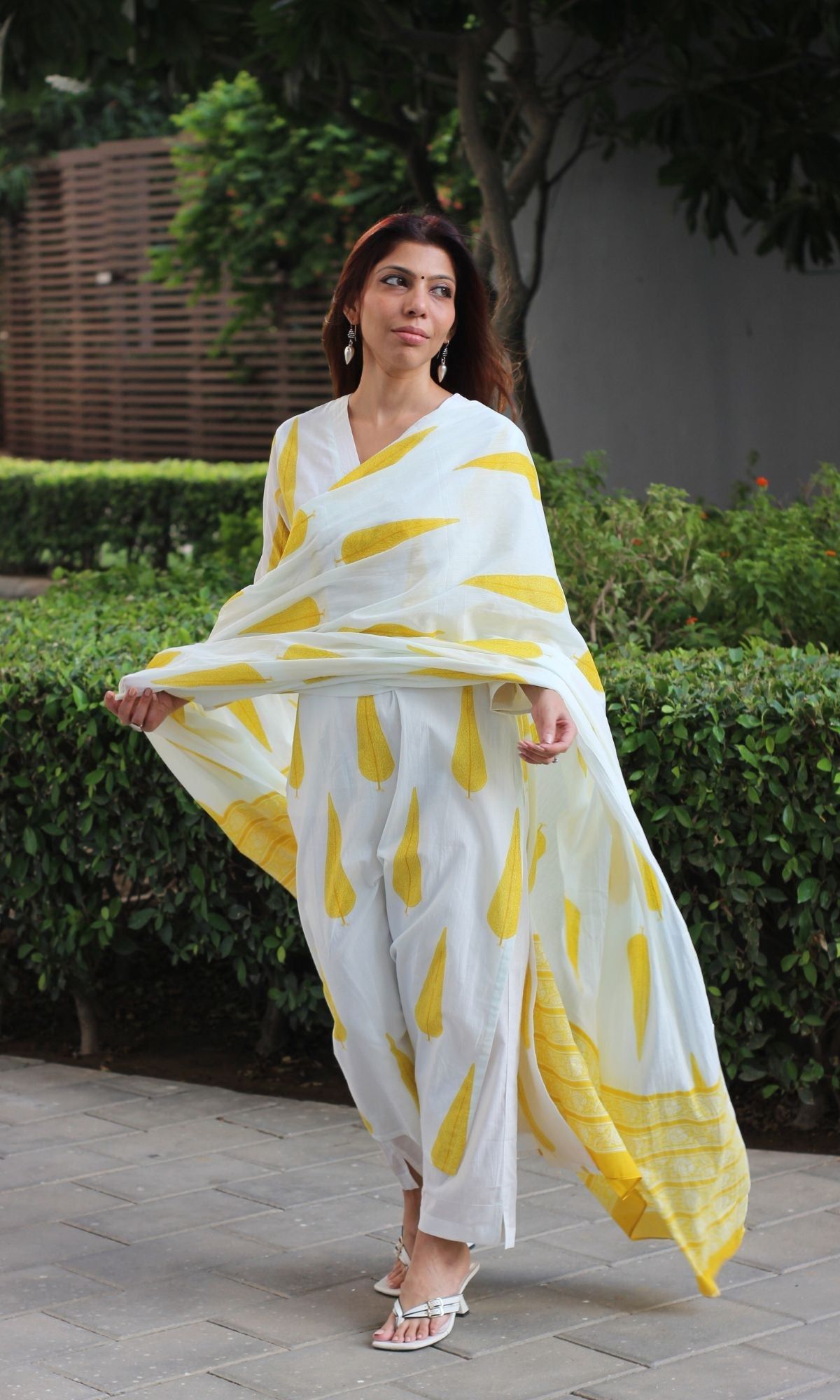 Cotton White & Yellow Ashoka Print Suit with Cotton Printed Dupatta-XXS