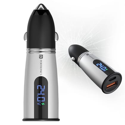 Portronics Car Power Armour 55.5W Fast Car Charger with Emergency Glass Breaker, 33W Type-C PD, 22.5W USB-A Port, LED Display for Voltage Monitoring, for Smartphones, iPhones, Tablets, Earbuds and More