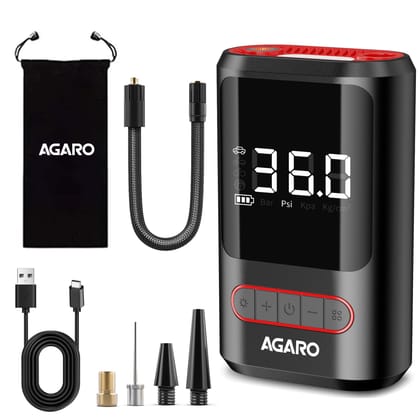 AGARO Galaxy Portable Tyre Inflator for Cars, Bikes, Bicycles & Balls, 150 PSI Pressure, 2 X 2000mAh Battery, Digital Display, Pressure Detection, Auto Cut-Off, Type-C Charging, SOS Modes AGARO Galaxy Portable Tyre Inflator for Cars, Bikes, Bicycles & Ba