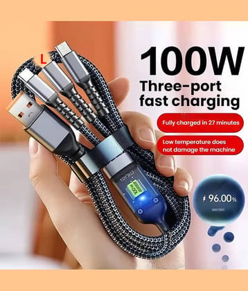 100W Fast Charging 3.0 USB Cable 4 Ft / 1.2M To 3-In-1 Long Charging Cord With Type C + Micro Usb + Lightning Connector 480 Mbps Data Transfer For Laptop,Tablets,Smartphones & More, Black