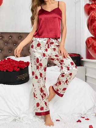 Women's Floral Print Satin Elegant Pajama Set-S