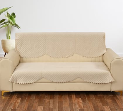 Homecrown Velvet Quilted Sofa Cover For 3 Seater Sofa- Cream