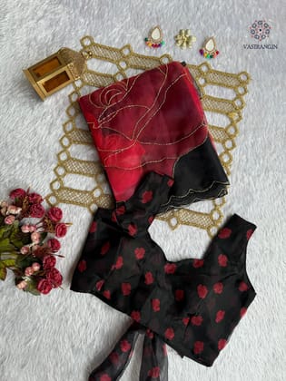 New Partywear Black Color Organza Silk Printed Hand Work Fancy Designer Saree With Unstitched Blouse