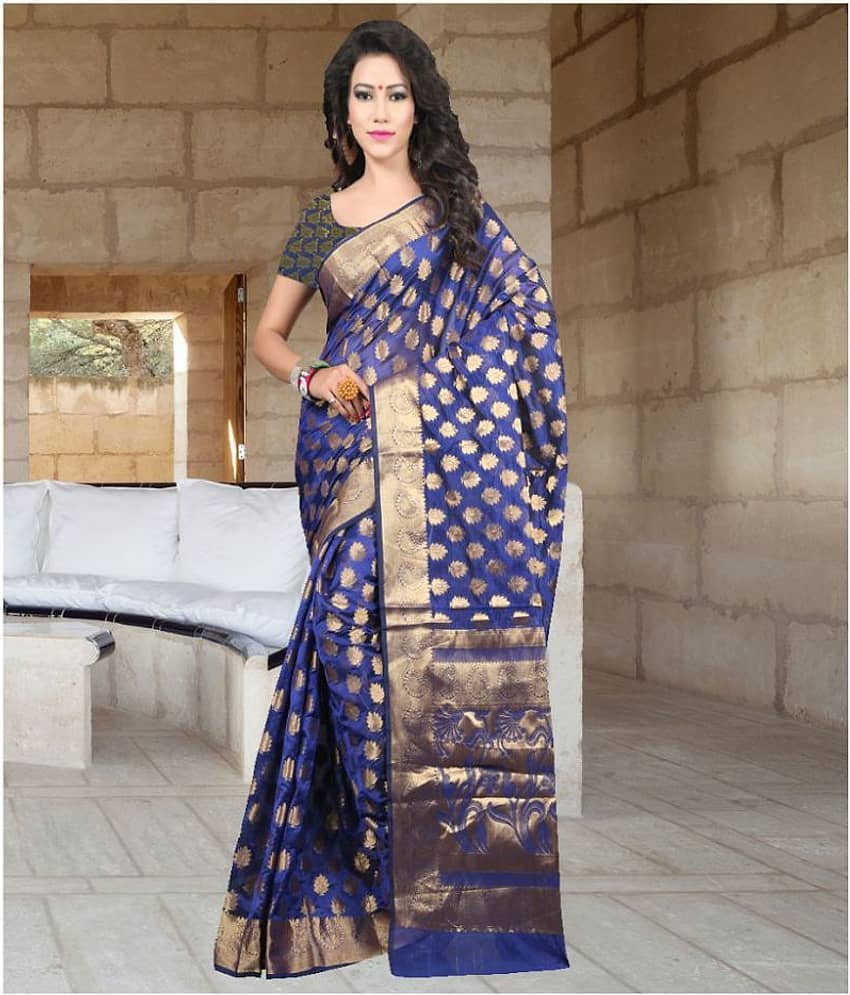 Gazal Fashions Silk Embellished Saree With Unstitched Blouse Piece ( Blue )