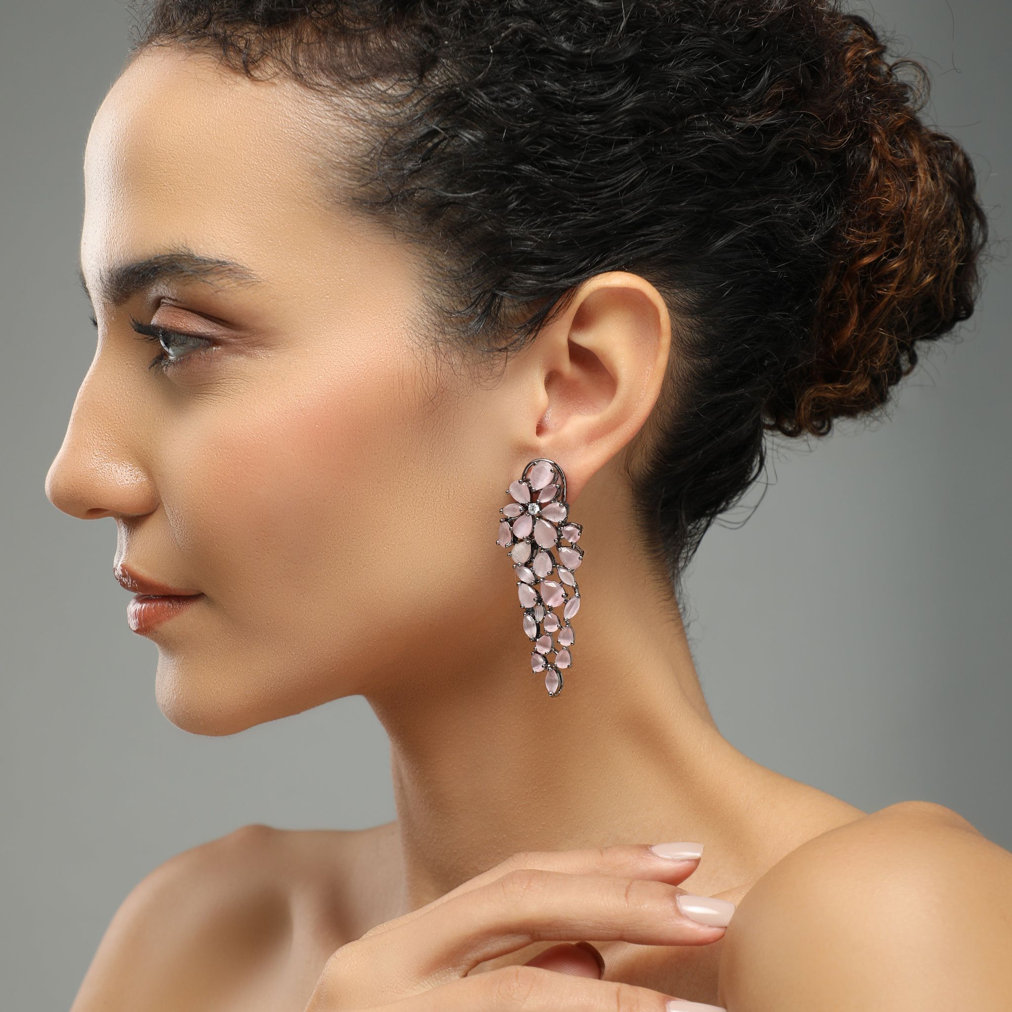 Peachy Keen Diamond Studded Earrings-CZ DIAMOND/STONE / PINK