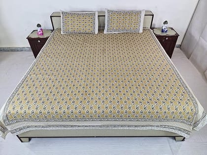 Bedsheet Set Floral Printed Cotton with Pillow Covers, Intricate Ethnic Rajasthani Design, 100% Cotton, 210 x 226 cm, Mustard & Darkbrown Color,Best for Single Bed & Big Deewan Sets