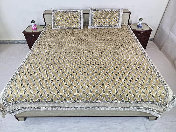 Bedsheet Set Floral Printed Cotton with Pillow Covers, Intricate Ethnic Rajasthani Design, 100% Cotton, 210 x 226 cm, Mustard & Darkbrown Color,Best for Single Bed & Big Deewan Sets
