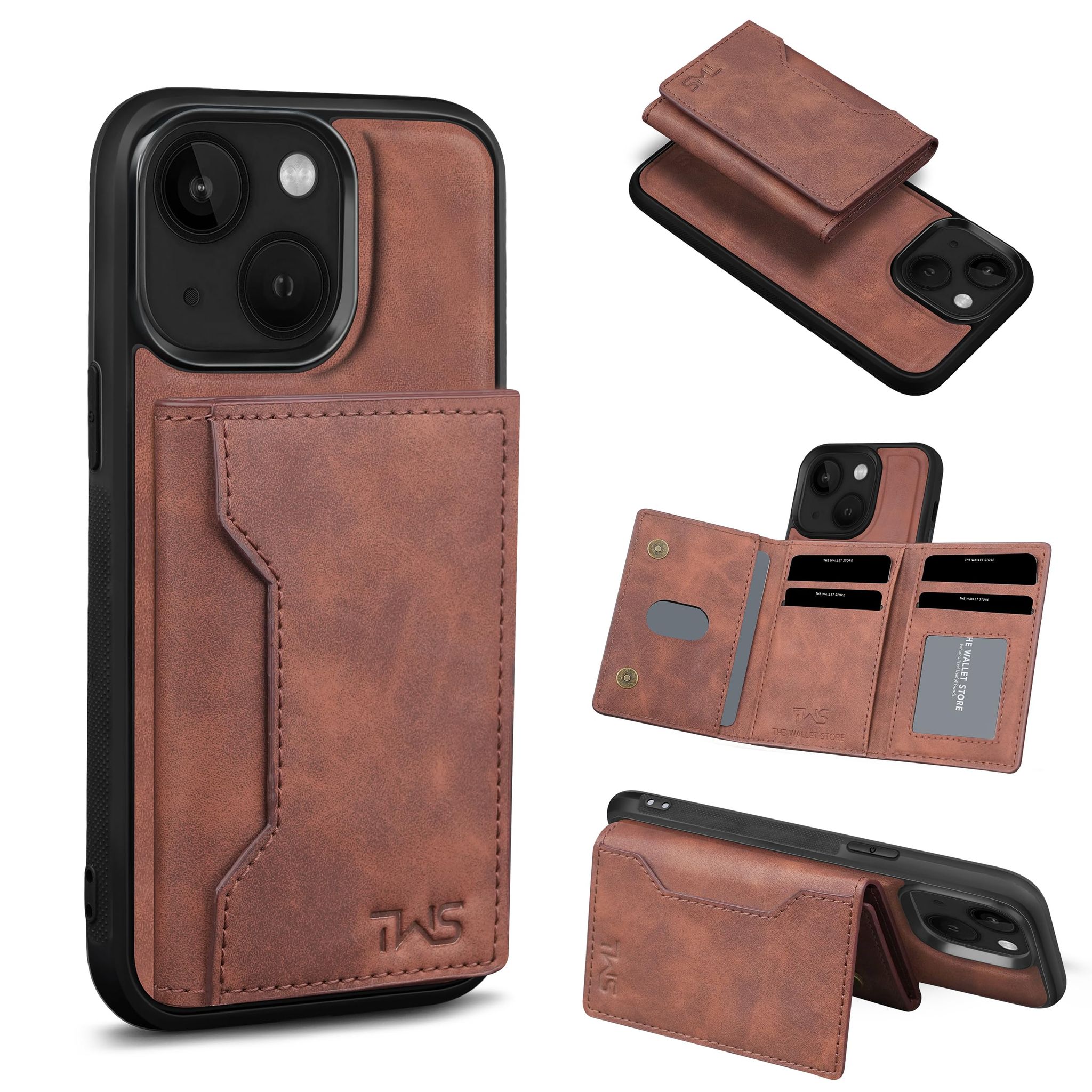 The Wallet Store Premium Leather iPhone Case Cover With Detachable Cardholder - Brown - iPhone 13