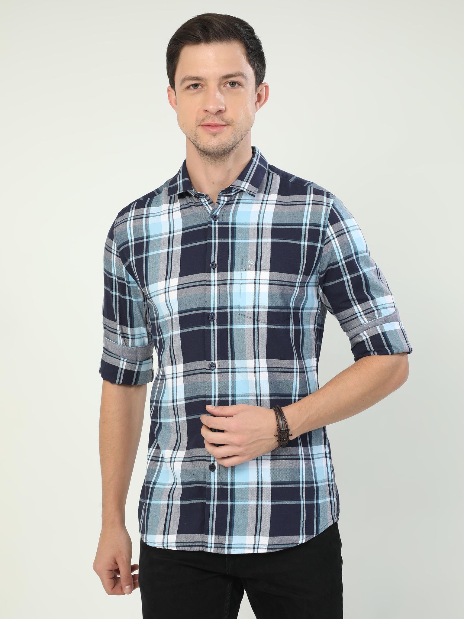 Classic Polo Men's Polo Neck Full Sleeve Slim Fit Cotton Woven Shirt | SBO2-08 B-FS-CHK-BSL