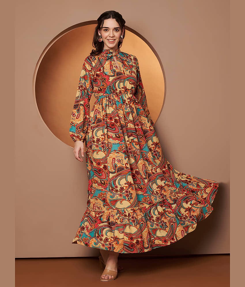 ZWERLON Women Viscose Rayon Printed A-line Dress ( Brown )
