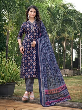 Blue Floral Printed Viscose Rayon V-Neck Kurta Set-S