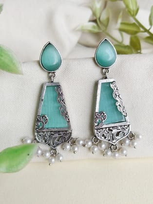 Designer Silver-Look Monalisa Dangler Earrings for Ethnic Wear | Sarichka-Mint Blue