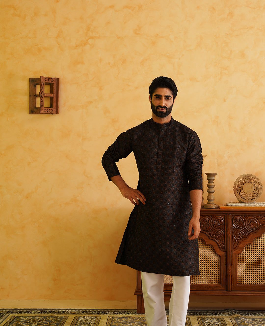 Men's Cotton Silk Heavy Embroidered Black Kurta-36