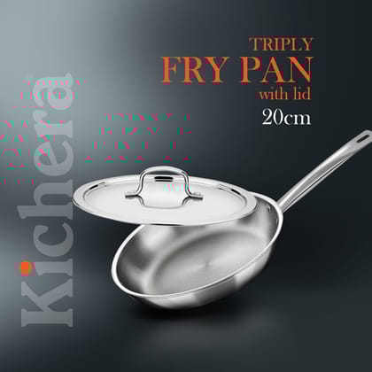 Kichera Triply Stainless Steel Fry Pan Tube Handle with Lid | Non Toxic Cookware | Best Cookware for Health | Induction & Gas Compatible-20CM