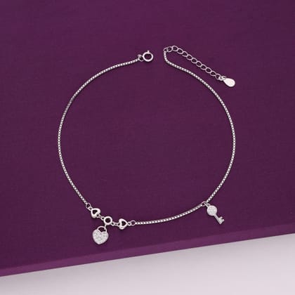 Heart & Key Silver Anklet-White Stone / Silver