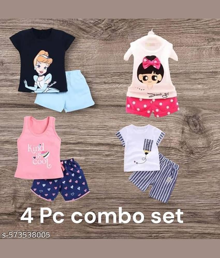 ODIMENT Pack of 4 Girls Cotton Blend T-shirt & Shorts ( Multicolor )