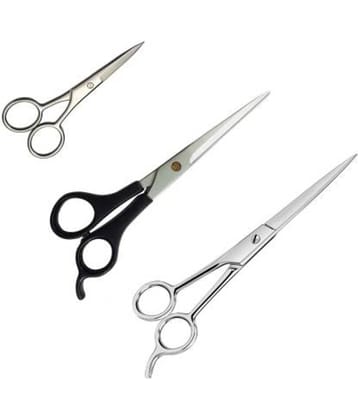 Combo of 3 Salon Accessories Scissor: 2 Barber Hair Cutting Scissor with 1 Beard and Mustache Styling Trimming and Scissors (Set of 3, Silver)