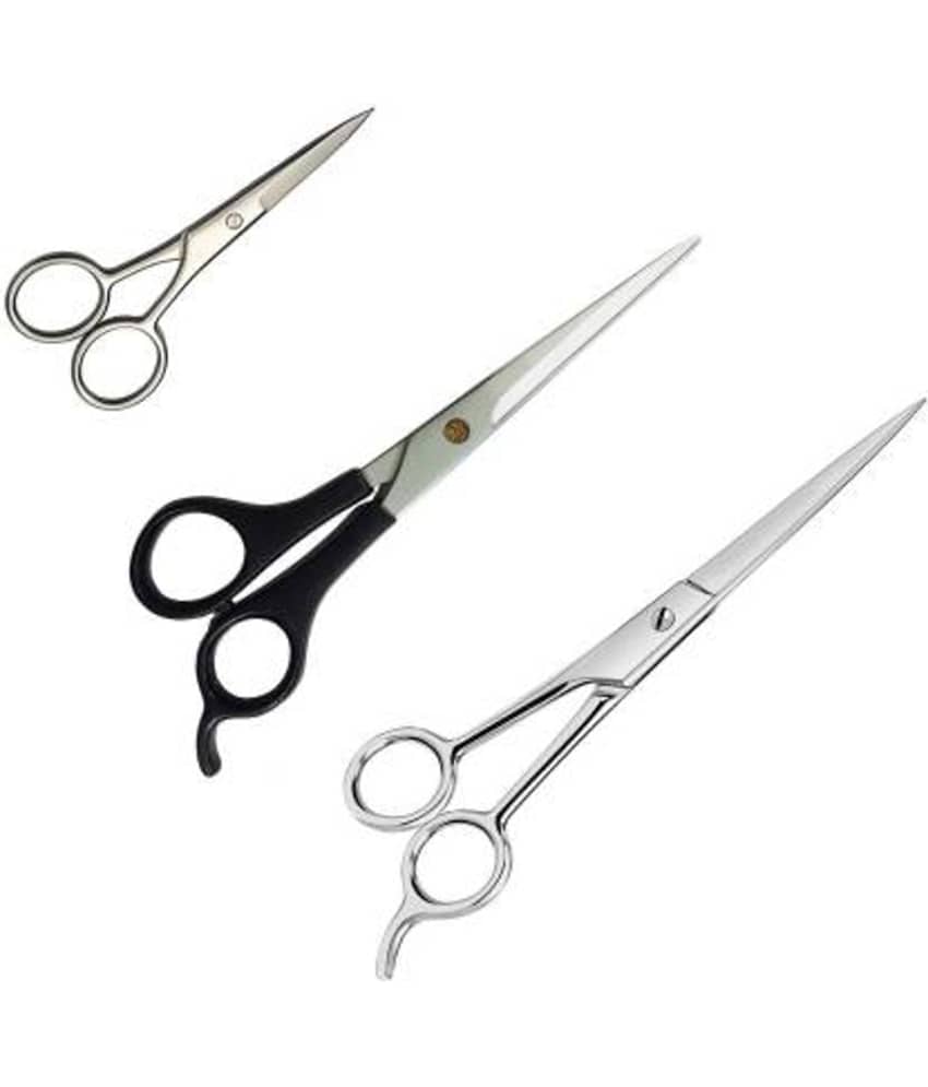 Combo of 3 Salon Accessories Scissor: 2 Barber Hair Cutting Scissor with 1 Beard and Mustache Styling Trimming and Scissors (Set of 3, Silver)